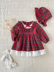 SHEIN 2pcs Baby Girls Princess Dress Sweet Red Plaid Bow Ruffle Lace Trimmed Hem Long Sleeve Ruffle Regular Winter Holiday Burgundy Chic Match Hat - Red - View 3