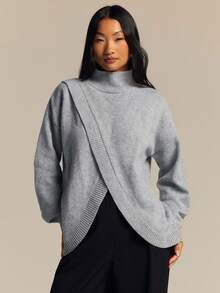 COSMINA Women's Grey Pullover Sweater With Stand Collar And Cross Design, Long Sleeve, Casual Fall/ Outfit Everyday Travel - Grey - View 6