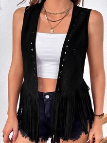Freevana Boho Vacation Western Suede Fringe Vest Jacket - Black - View 5