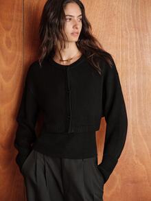 Anewsta Essential Women's Spring/Autumn High Waist Short Knit Cardigan, Round Neck Single-Breasted Loose Lantern Sleeve Commuter Versatile Jacket - Black - View 5