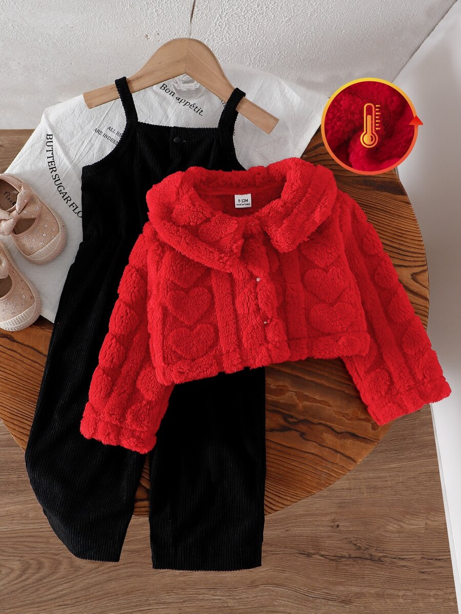 SHEIN 2件組幼女連身衣套裝,甜美紅黑愛心毛絨絨燈芯絨長袖彼得潘領加厚款,冬季保暖公主風節日派對新款套裝 - 黑與白 - 查看 1