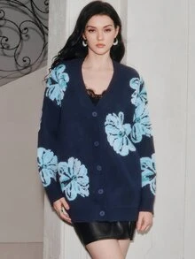 Anewsta Elegant Romantic Long Sleeve Fashionable Commuter Floral Rhinestone Studded Women's Open Front Blouse - Blue - View 6