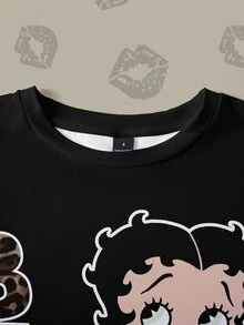 Betty Boop x SHEIN 女款字母卡通圖案休閒日常短袖T恤 - 白色 - 查看 3