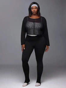 Voyena Women's Plus Size Solid Color Round Neck Drop Shoulder Long Sleeve Casual Fitness Sports T-Shirt - Black - View 3