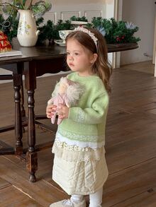 DAZY Sweater Bayi Perempuan Lengan Panjang Motif Polkadot Leher Bulat Gaya Korea Musim Gugur/Dingin - Mint Green - View 3