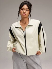EMERY ROSE Plus Size Women's Colorblock Long Sleeve Zip-Up Casual Jacket - Beige - View 3