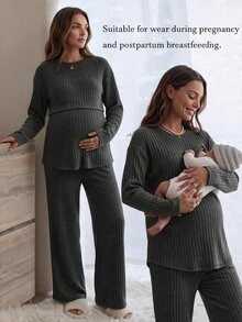 Slowluna 孕婦純色圓領長袖T恤與長褲休閒哺乳兩件套 - 深灰色 - 查看 1