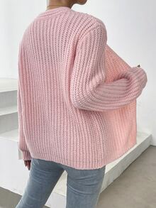 SHEIN LUNE 女款純色落肩長袖寬鬆休閒開襟衫，秋冬女裝 - 粉色 - 查看 2