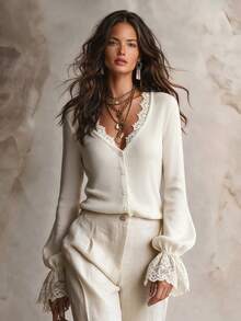 Solivie Women's Lace Patchwork Casual Versatile Long Sleeve Sweater - White - View 1