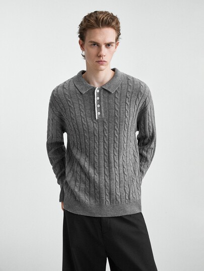 Chillumni Maglione casual da uomo a maniche lunghe con colletto polo e lavorato a trecce