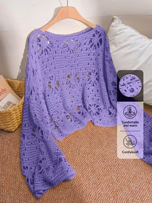CosyJoli Plus Size Solid Color Hollow Knit Sweater Fall - Purple - View 1