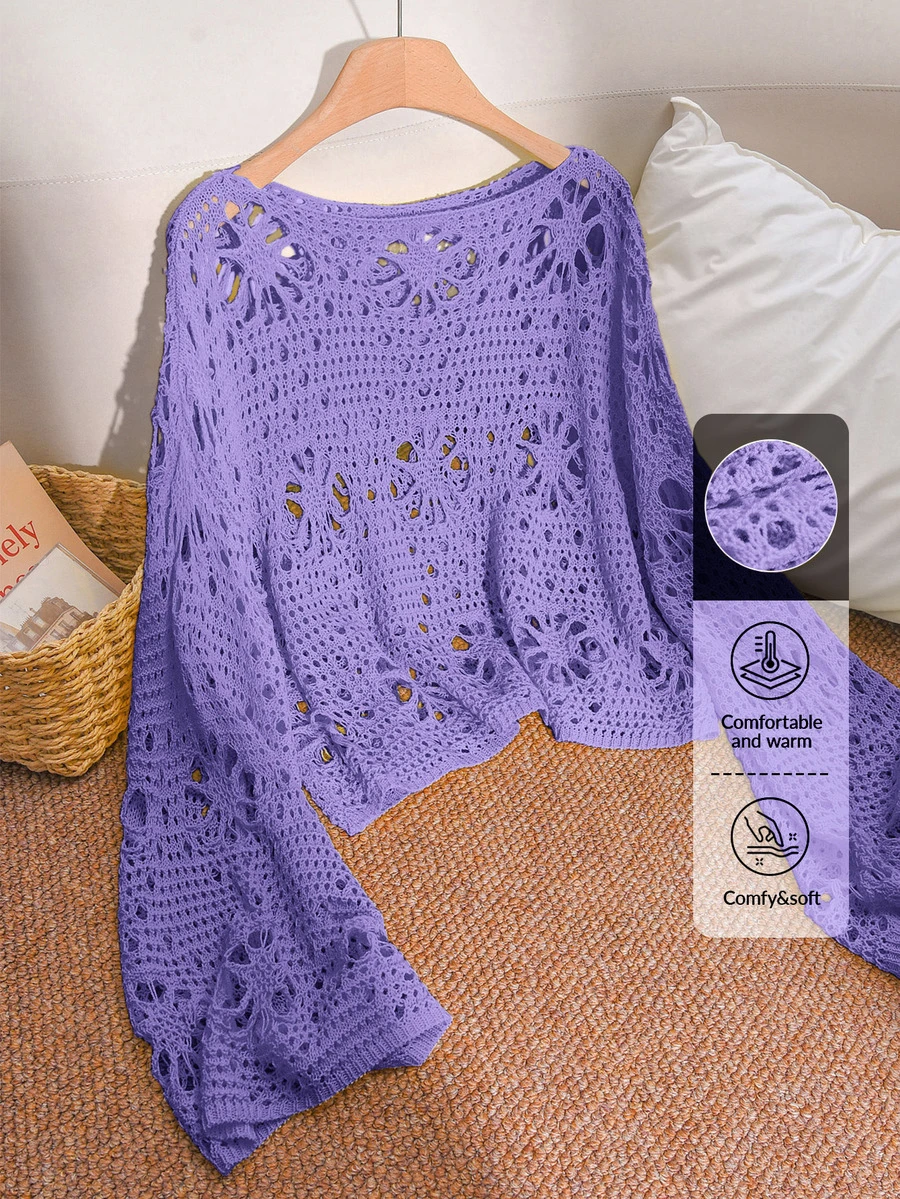 CosyJoli Plus Size Solid Color Hollow Knit Sweater Fall - Purple - View 1