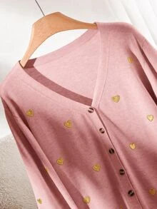 CosyJoli 女款大尺碼心形刺繡基本款開襟衫 秋冬款 - 藕粉色 - 查看 4