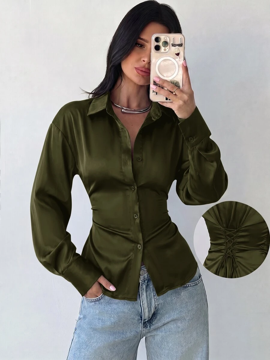 Firerie 女款長袖襯衫,後腰收腰設計,日常通勤、夜生活、度假襯衫,春夏秋冬四季穿著,優雅性感 - 軍綠色 - 查看 1