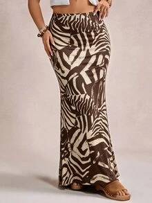 Freevana 大尺碼女款優雅棕色斑馬紋魚尾下擺長裙，適合秋冬，休閒日常通勤、度假穿著 - 彩色 - 查看 3