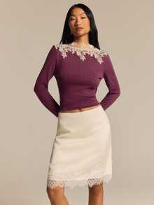 COSMINA Women's Long Sleeve Top Lace Patchwork Contrast Color Design Purple Top For Autumn/Winter - Multicolor - View 5