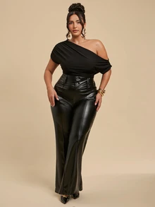 SHEIN BAE CURVE Plus Size Women's Black PU Long Pants - Black - View 3