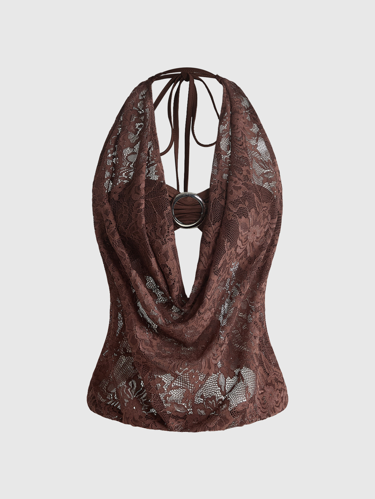 ROMWE Hippie Women's Y2K Back To School Deep Draped Neck Vintage Cowl Neck Backless Street Style Halter Tank Top (Includes Bandeau Inner) - Brown - View 1
