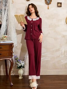 Côtesoire French Elegant Contrast Color Peter Pan Collar Ribbed Knit Long Sleeve Women's Pajama Set - Burgundy - View 3