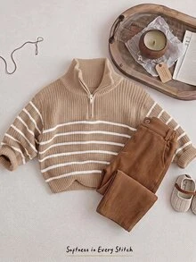 Cozy Pixies 男嬰條紋圖案復古休閒可愛高領半拉鍊套頭長袖秋冬毛衣 - 卡其色 - 查看 1