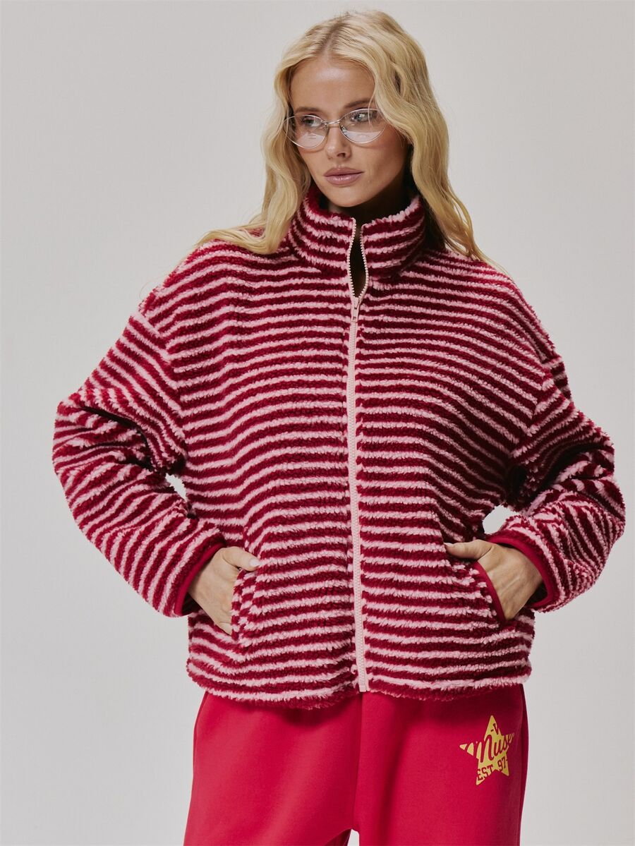MUSERA Borg Fleece Stripey High Neck Zip Through Jacket Cute Daily Vintage Y2K Back To School Primary - Red - View 1