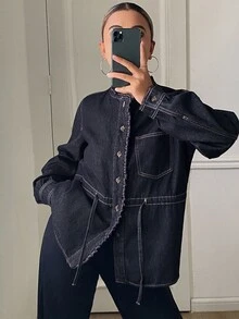 DAZY Women's Button Drawstring Pocket Button Denim Jacket - Dark Wash - View 4