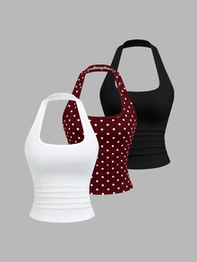 Sweetra 3pcs Summer French Fashion Polka Dot & White, Pale Yellow Backless Cinched Waist Sexy Casual Versatile Women's Halter Tank Top Set - Multicolor - View 1