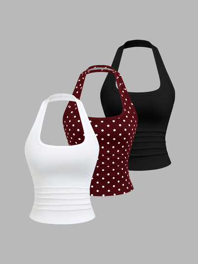 Sweetra 3pcs Summer French Fashion Polka Dot & White, Pale Yellow Backless Cinched Waist Sexy Casual Versatile Women's Halter Tank Top Set