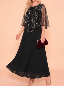 Amorya Women's Mesh Patchwork Casual Party Long Dress - Black - View 6