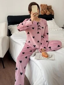 Napfluff Women's Autumn/Winter Plush Heart Print Long Sleeve & Long Pants Loungewear Set - Dusty Pink - View 1