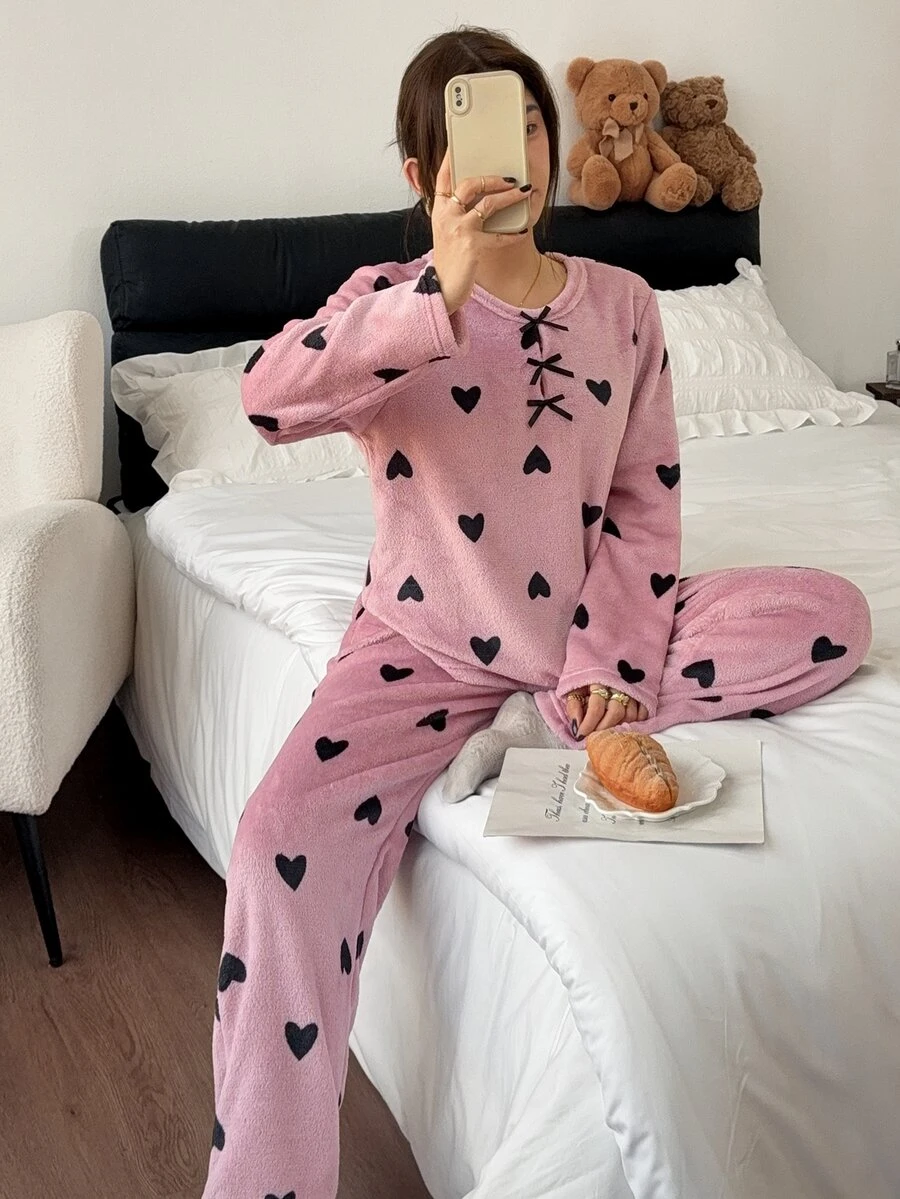 Napfluff Women's Autumn/Winter Plush Heart Print Long Sleeve & Long Pants Loungewear Set - Dusty Pink - View 1