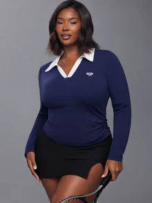 Voyena Women's Plus Size Embroidered Long Sleeve Sports T-Shirt, Minimalist - Royal Blue - View 1