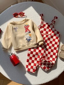 中性嬰兒男/女嬰、幼兒秋冬休閒可愛紅色格紋吊帶褲與衛衣套裝，嬰兒冬季服裝套裝，街頭風，聖誕節 - 紅色 - 查看 6