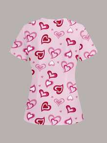 PopScrub Fun Heart Pink Double Layer Heart Women's Scrub Uniform Top - Multicolor - View 2