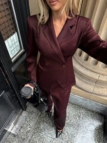 Aloruh Setelan Kerja Wanita Elegan, Warna Burgundy, 2 Potongan, Blazer Lengan Panjang dan Celana Panjang Warna Polos untuk Musim Gugur/Dingin - Burgundy - View 1