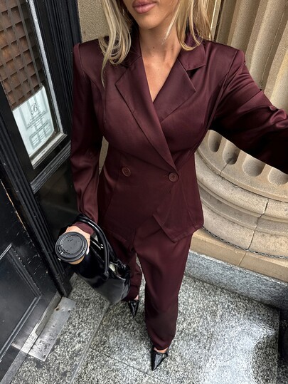 Aloruh Women's Elegant Business Commute Suit Set, Burgundy 2 Pieces Set, Autumn/Winter Solid Color Long Sleeve Blazer And Pants