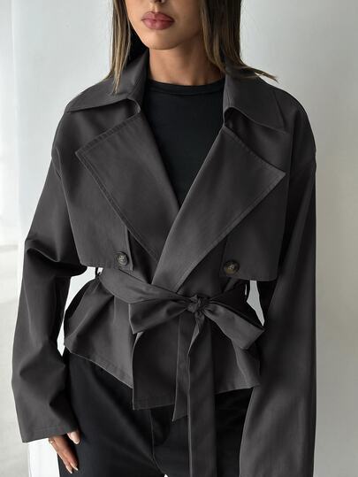 Aloruh Women's Solid Color Lapel Neck Long Sleeve Double-Breasted Xiu'x Trench Coat Jacket