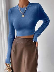 SHEIN Women's Soft Ribbed Cropped Long Sleeve Sweater For Daily Wear - Baby Blue - View 3