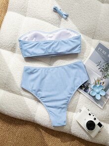Swim Vcay Women's Sweet Blue & White Striped Textured Bandeau Detachable Shoulder Strap Two-Piece Swimsuit Set - Baby Blue - View 2