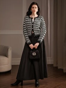 Anewsta Black And White Color Block Elegant Loose Fit Women's Cardigan Top - Black and White - View 6