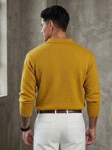 Manfinity Homme Men's Turn-Down Collar Button Half-Placket Long Sleeve Sweater - Mustard Yellow - View 2