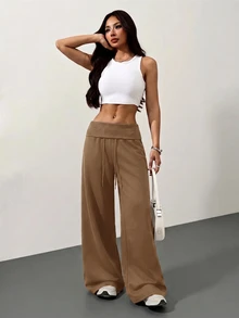 SHEIN Tall CURVE 大尺碼高腰灰色針織抓絨抽繩寬鬆運動長褲，適合冬季畢業季、返校季、畢業典禮、教師穿搭等場合，秋季女款寬腿舒適運動褲 - 駝色 - 查看 6