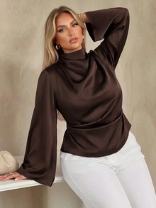Auralis Áo blouse tay dài dáng xòe xếp ly ôm eo tôn dáng size lớn, lưng eo thun co giãn, phong cách thanh lịch đi làm và dự tiệc - màu nâu - Xem 1