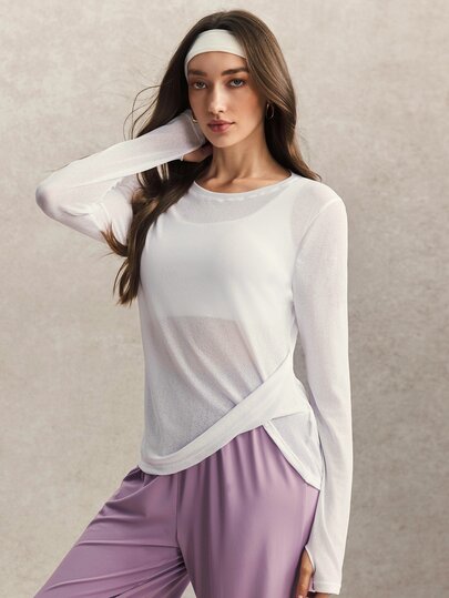 Activina Top deportivo ajustado de manga larga transparente blanco para mujer