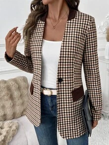 SHEIN Clasi Blazer Kasual Wanita Lengan Panjang Motif Houndstooth dengan Satu Kancing - MultiWarna - View 1