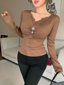 Feyla New Design Lace Patchwork V-Neck Slim Fit Flattering Elegant Base Layer Party T-Shirt Top - Brown - View 3
