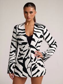 SHEIN BAE جاكيت أنيق للنساء بطبعة زيبرا وأكمام طويلة وأزرار مفردة - متعدد الألوان - مشاهدة 4