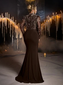 Glamrae Plus Size Women's Patchwork Sequin Mesh Ruffle Mermaid Hem Elegant Formal Evening Gown (Heavy Embellished) - Coffee Brown - View 3