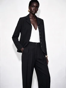 SHEIN Setelan Jas Wanita 2 Potong: Blazer Pendek Hitam dan Celana Panjang Lebar Berlipit - Hitam - View 4