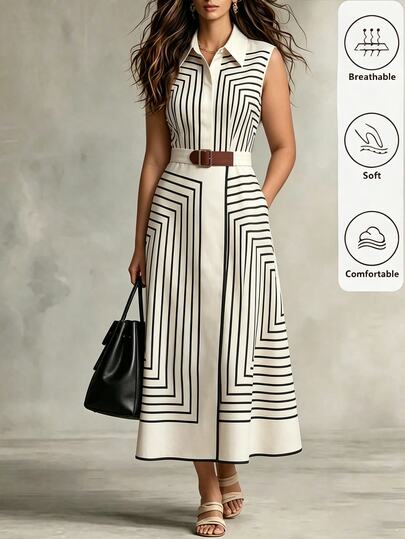 Linhara CURVE Vestido camisero sin mangas con rayas geométricas color albaricoque para mujer, vestido midi línea A con cintura ceñida, vestido elegante casual para trabajo, vacaciones & fiesta